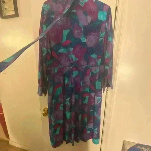 VINTAGE Dorthy Samuel multicolour floral dress with square pattern with belt 18W - Picture 2 of 4